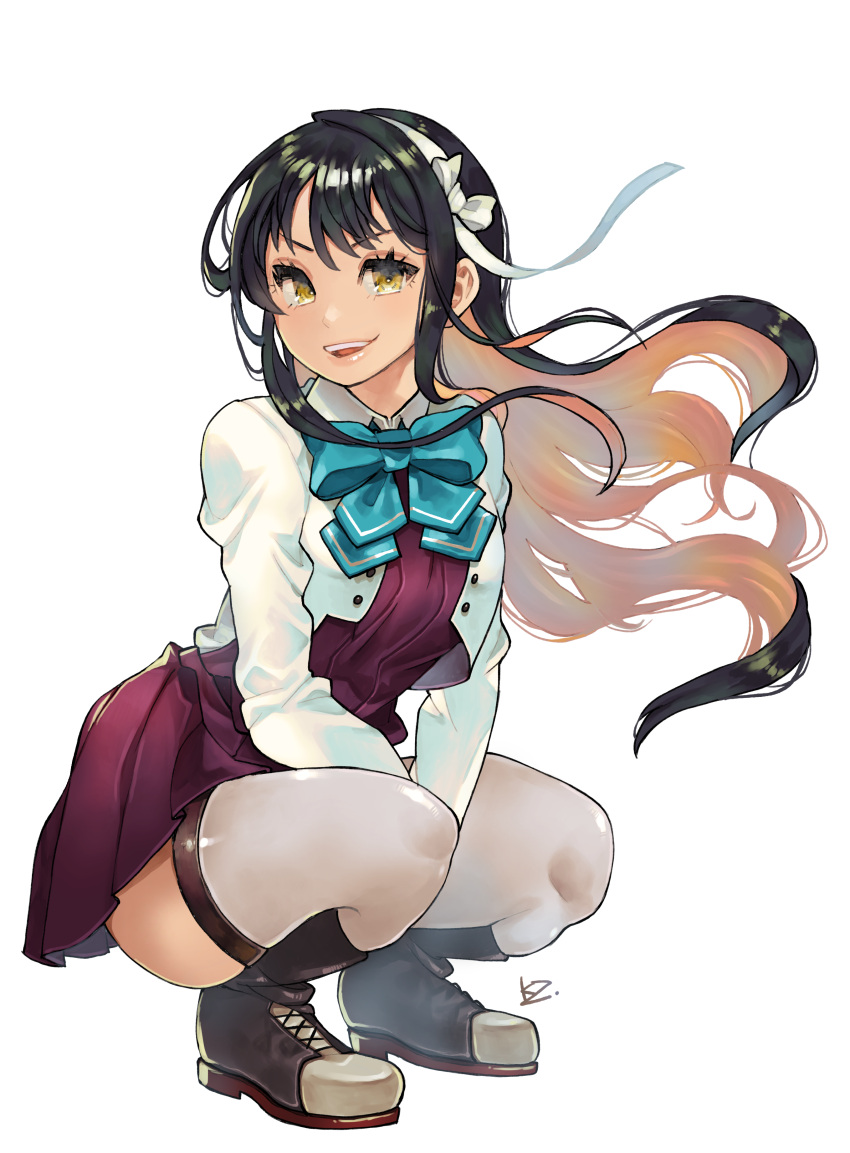1girl absurdres aqua_neckwear bangs black_hair boots bow bowtie breasts cross-laced_footwear dress full_body grey_legwear hairband highres jacket kantai_collection kuzuno_ha lace-up_boots long_hair long_sleeves looking_at_viewer multicolored_hair naganami_(kancolle) open_mouth pink_hair purple_dress remodel_(kantai_collection) signature simple_background solo squatting thigh-highs two-tone_hair white_background white_hairband white_jacket yellow_eyes