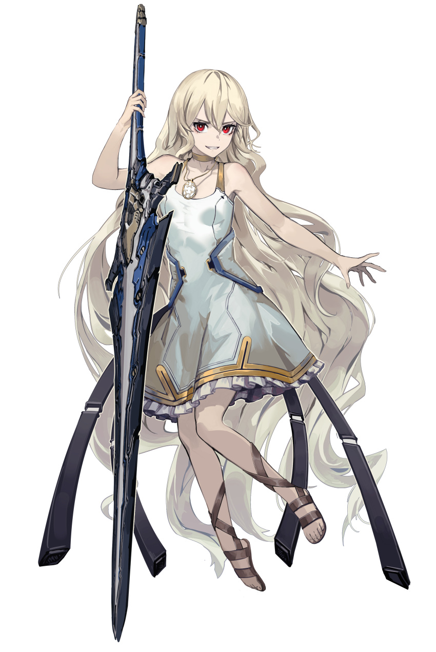 1girl absurdres bangs bare_arms bare_shoulders brown_choker brown_footwear choker collarbone copyright_request dress fixro2n frilled_dress frills full_body grin hair_between_eyes highres holding holding_sword holding_weapon light_brown_hair long_hair looking_at_viewer official_art red_eyes sandals simple_background sleeveless sleeveless_dress smile solo sword very_long_hair weapon white_background white_dress