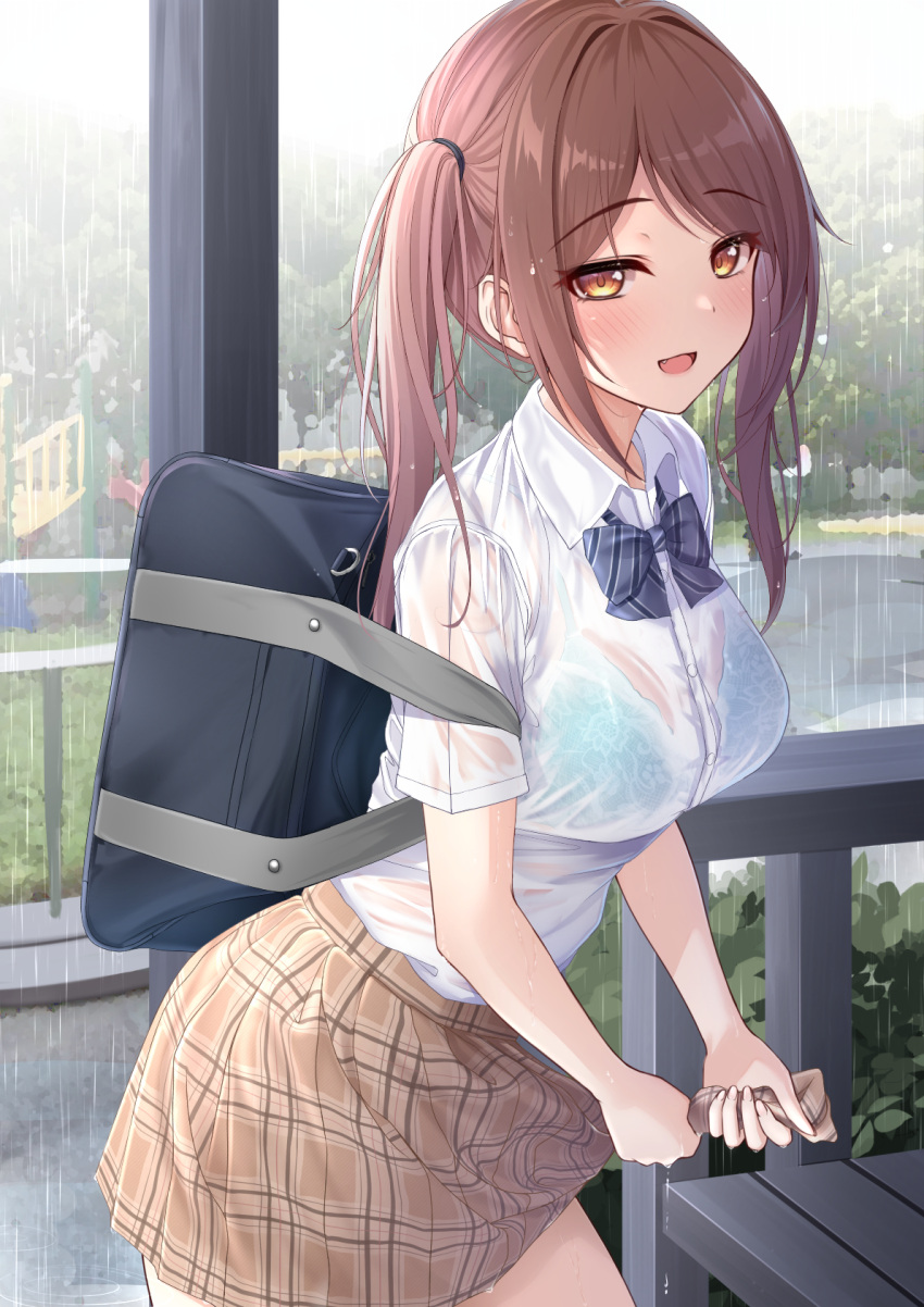 1girl bag blue_bra bow bowtie bra bra_through_clothes breasts brown_hair brown_skirt collared_shirt cowboy_shot highres large_breasts leaning_forward long_hair looking_at_viewer miniskirt monaka_curl open_mouth orange_eyes original outdoors plaid plaid_skirt pleated_skirt rain school_bag school_uniform see-through shirt shirt_tucked_in skirt smile solo standing twintails underwear wet wet_clothes wet_shirt white_shirt