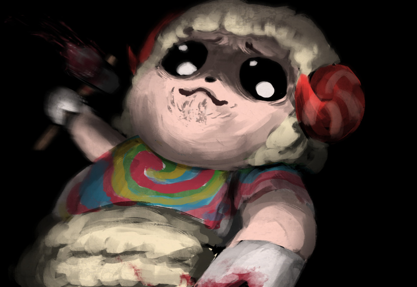 1boy animal_crossing bibitto_(kemushima3) black_background blood bloody_weapon closed_mouth commentary_request dom_(animal_crossing) furry hammer highres holding holding_hammer horns looking_at_viewer male_focus motion_blur multicolored_shirt sheep shirt solo tie-dye weapon
