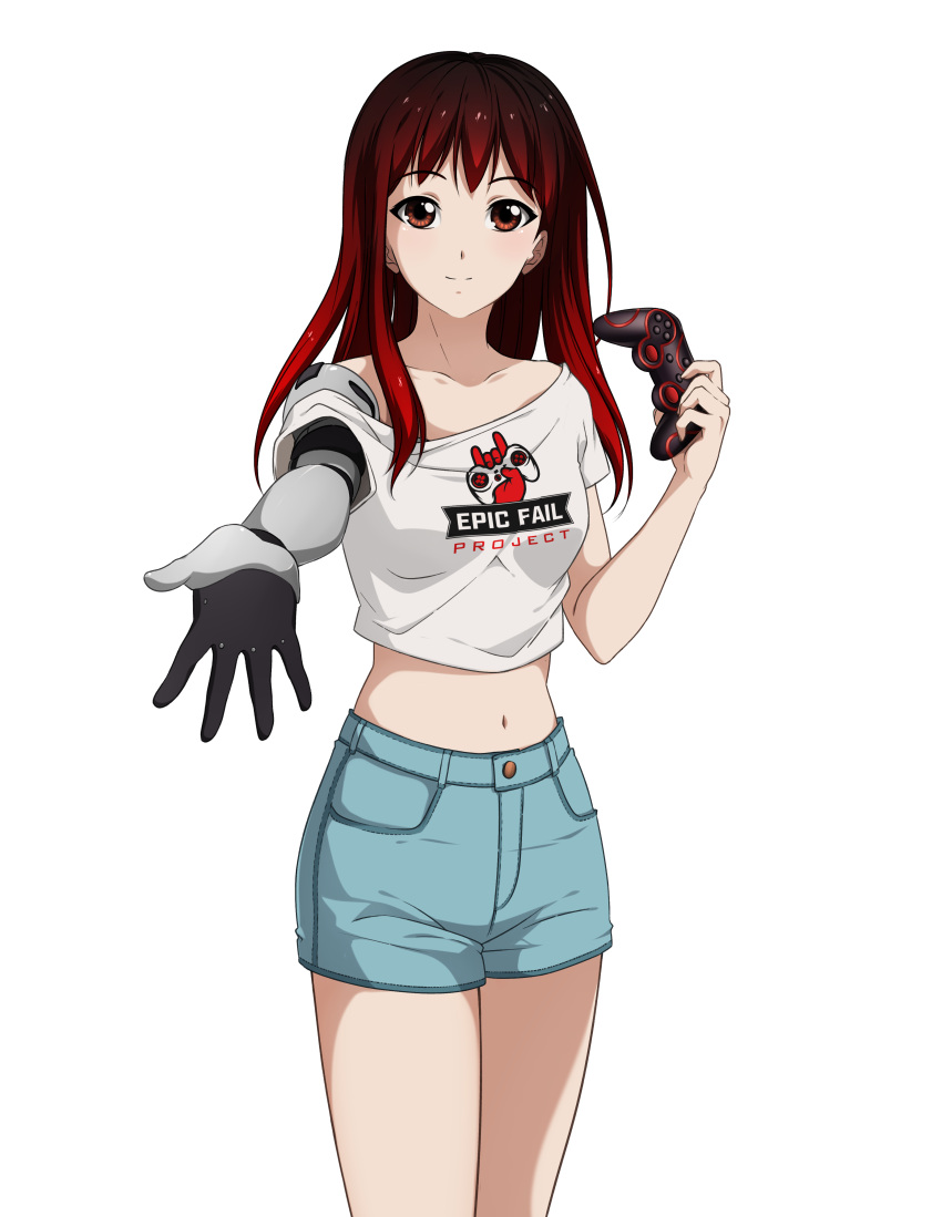 absurdres bare_shoulders controller denim denim_shorts epic_fail_project epica-chan erica_naito game_controller gamepad highres long_hair mechanical_arms mechanical_parts original redhead shorts