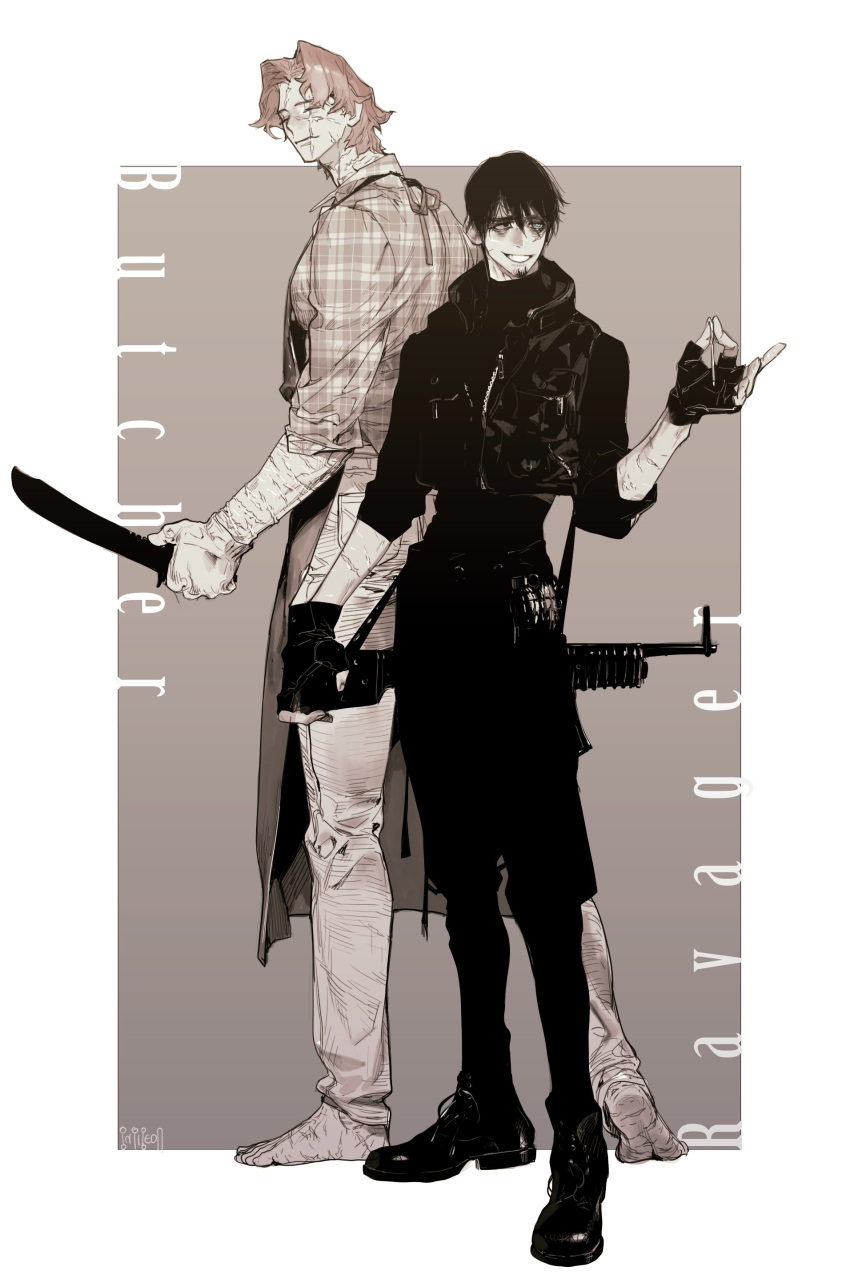 2boys absurdres apron assault_rifle barefoot black_eyes black_footwear black_gloves black_jacket black_pants blue_eyes brown_hair checkered checkered_shirt closed_eyes cropped_jacket cuts denim fingerless_gloves gloves gun heterochromia highres holding holding_knife injury jacket jeans knife male_focus monochrome multiple_boys original pants pigeon666 rifle scar scar_on_face shirt shoes short_hair smile turtleneck very_short_hair weapon