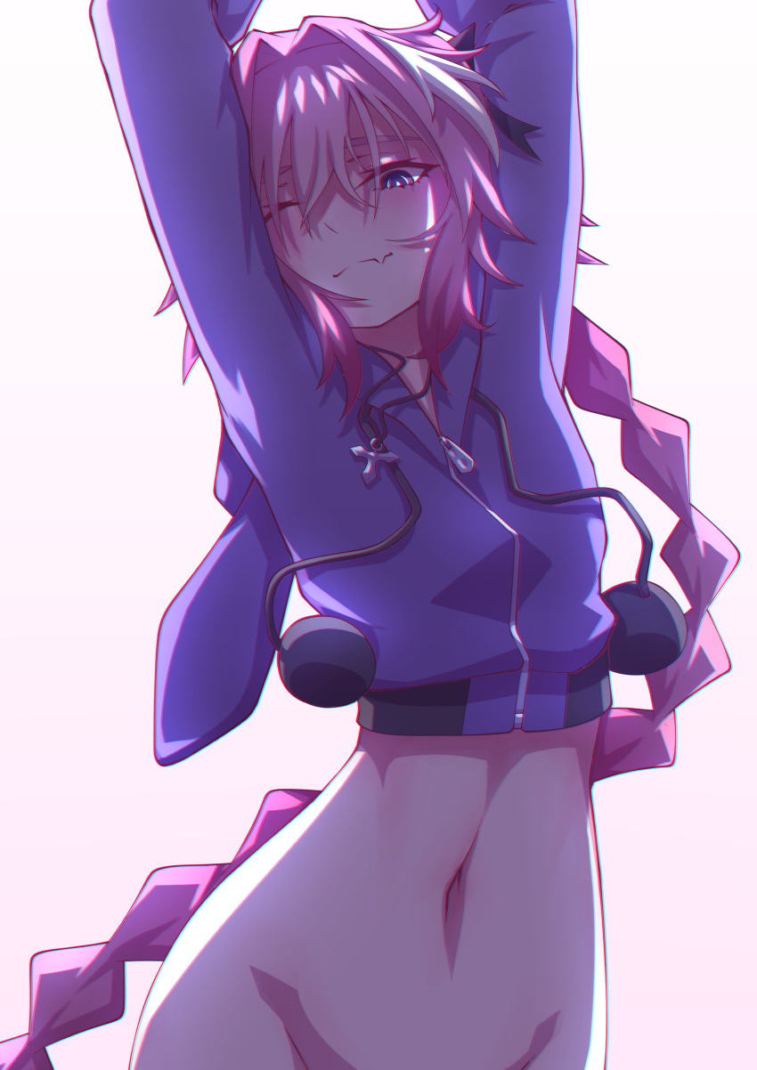 1boy absurdres arms_up astolfo_(fate) astolfo_(memories_at_trifas)_(fate) bottomless bow braid fang fate/apocrypha fate/grand_order fate_(series) hair_bow hair_intakes hej highres jacket long_braid long_hair long_sleeves looking_at_viewer male_focus multicolored_hair navel official_alternate_costume one_eye_closed otoko_no_ko pink_hair purple_jacket shirt single_braid skin_fang solo stomach streaked_hair very_long_hair