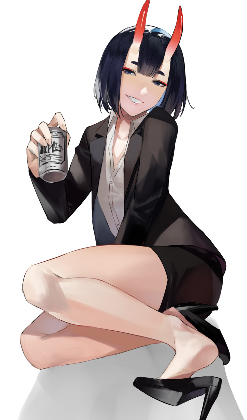 1girl alcohol beer beer_can blazer blazpu can fate/grand_order fate_(series) high_heels highres horns jacket legs office_lady oni_horns open_mouth purple_hair short_hair shuten_douji_(fate) simple_background sitting smile thighs violet_eyes white_background