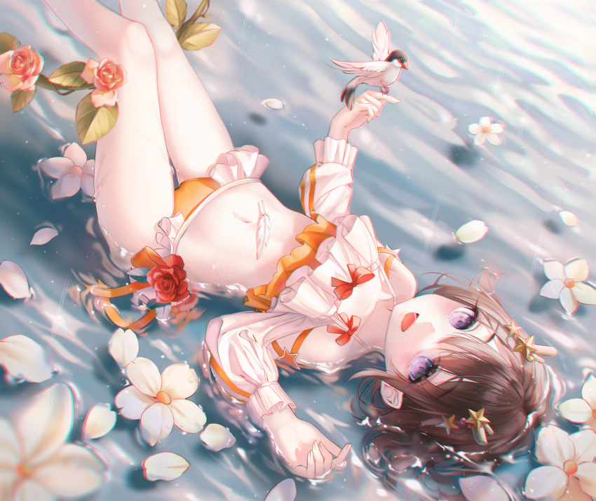 1girl :d absurdres amaroku_neko antlers bangs bikini bird bird_on_finger blush brown_hair chinese_commentary commentary_request eyebrows_visible_through_hair feathers feet_out_of_frame flower from_above hair_between_eyes hair_ornament highres indie_virtual_youtuber kano_(singer) long_sleeves looking_at_viewer lying navel on_back open_mouth orange_bikini partially_submerged petals short_hair smile solo star_(symbol) star_hair_ornament stomach swimsuit violet_eyes virtual_youtuber water white_flower