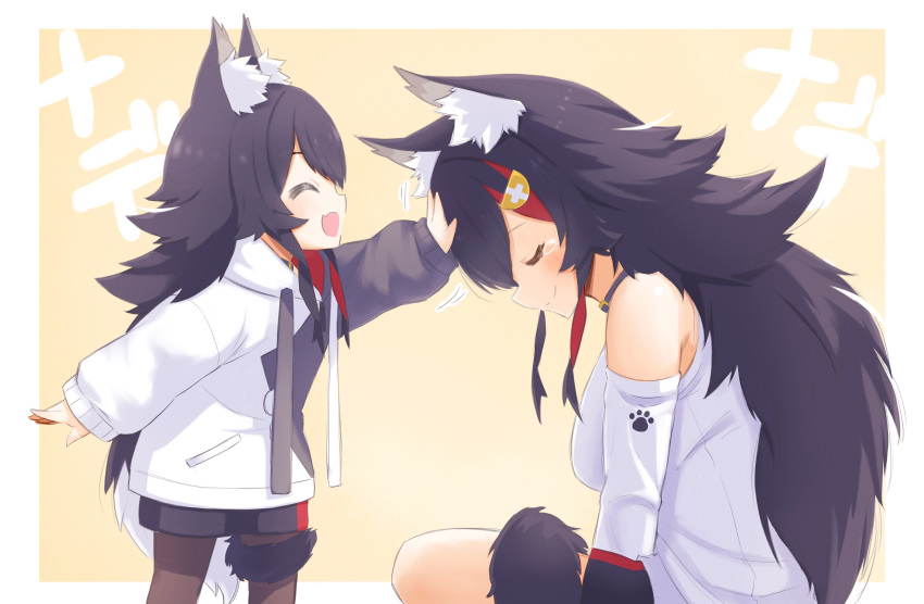 2girls :d ^_^ absurdres animal_ear_fluff animal_ears bare_shoulders black_hair black_hoodie black_legwear breasts child choker closed_eyes comforting dual_persona fang hand_on_another's_head headpat highres hololive hood hood_down hoodie long_hair long_sleeves multicolored_hair multiple_girls ookami_mio open_mouth pantyhose redhead shirt short_shorts shorts sitting skin_fang smile tail tears two-tone_hoodie very_long_hair virtual_youtuber wappa white_hair white_hoodie white_shirt wolf_ears wolf_girl wolf_tail younger