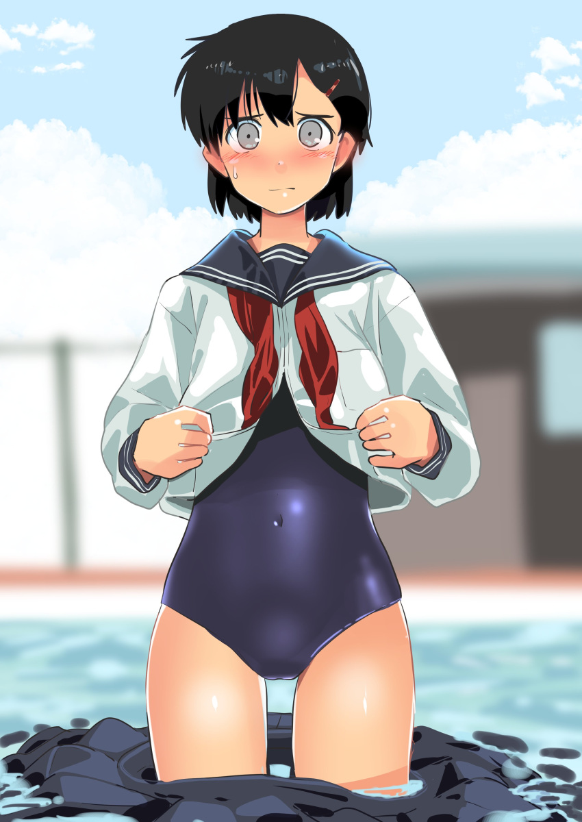1girl absurdres black_hair black_sailor_collar black_skirt blue_sky clothes_removed clouds commentary_request covered_navel cowboy_shot grey_eyes haida_katsuretsu highres looking_at_viewer neckerchief new_school_swimsuit original pool red_neckwear sailor_collar school_swimsuit school_uniform serafuku short_hair skirt skirt_removed sky solo swimsuit wading water
