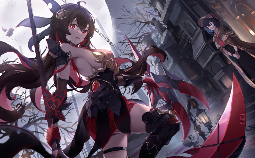 2girls ahoge alternate_costume armor asc11 bare_tree bloodborne boots breasts brown_hair chain character_request colored_inner_hair dress fog full_moon gloves hair_ornament highres holding honkai_(series) honkai_impact_3rd lamppost looking_at_viewer medium_breasts moon multicolored_hair multiple_girls night outdoors parted_lips red_eyes red_gloves redhead seele_vollerei shoulder_guard sideboob thigh_strap thighs town tree weapon