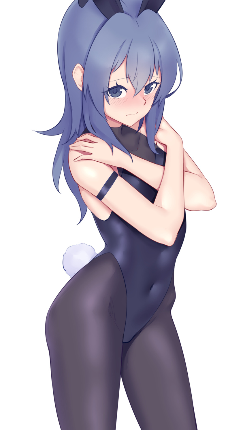 1girl animal_ears azur_lane bangs black_legwear black_leotard blue_eyes blue_hair blush bunny_tail closed_mouth collarbone commentary_request covered_collarbone covered_navel crossed_arms eyebrows_visible_through_hair hair_between_eyes hands_up highres jilu leotard long_hair looking_at_viewer new_jersey_(azur_lane) nose_blush pantyhose playboy_bunny rabbit_ears simple_background solo tail white_background