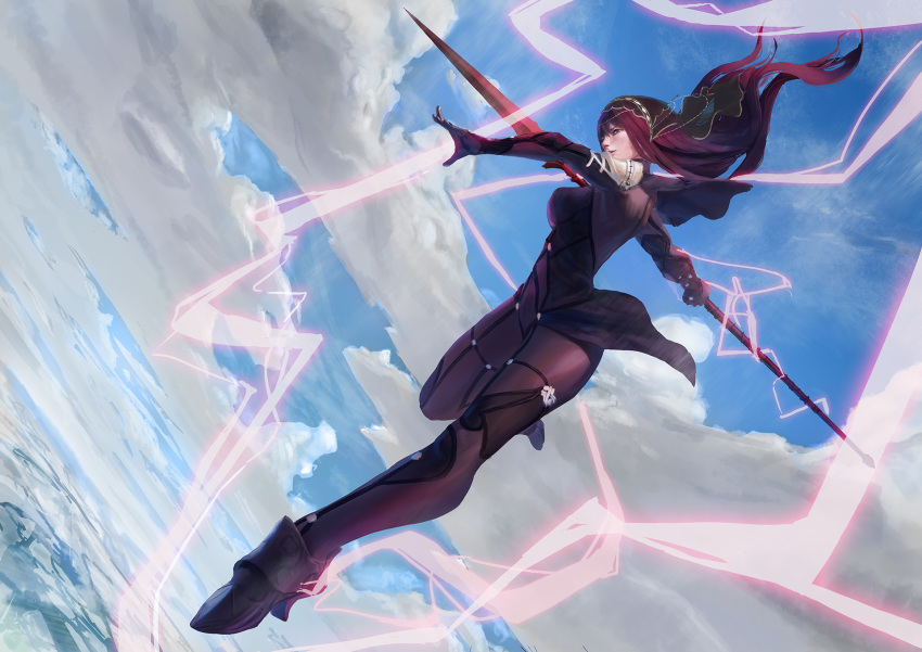 1girl armor blue_sky bodysuit breasts capelet clouds cloudy_sky fate/grand_order fate_(series) full_body gae_bolg_(fate) high_heels highres large_breasts long_hair looking_at_viewer mintbreak outdoors pauldrons polearm purple_bodysuit purple_hair realistic red_eyes scathach_(fate) scathach_(fate)_(all) shoulder_armor sky solo spear throwing veil weapon