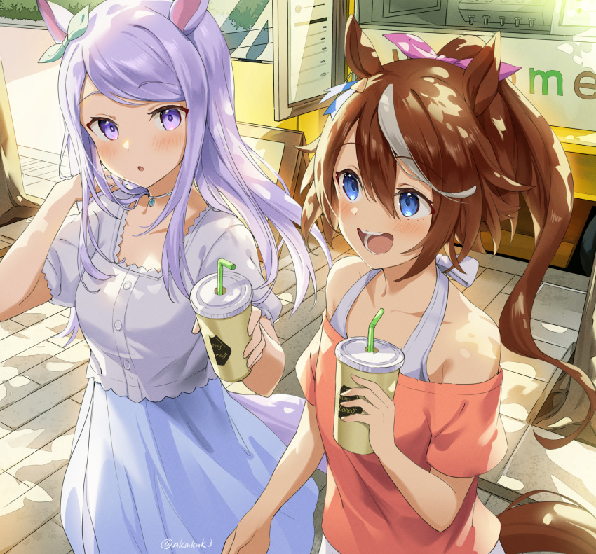 2girls :d :o animal_ears arm_up bangs bare_shoulders blue_eyes blue_skirt bow breasts brown_hair cafe casual cup disposable_cup drinking_straw eyebrows_visible_through_hair hair_between_eyes hair_bow highres horse_ears horse_girl horse_tail jewelry long_hair looking_at_viewer medium_breasts mejiro_mcqueen_(umamusume) multicolored_hair multiple_girls necklace off-shoulder_shirt off_shoulder open_mouth outdoors pink_shirt pleated_skirt ponytail purple_hair rokcha shirt short_sleeves skirt smile streaked_hair tail tokai_teio_(umamusume) two-tone_hair umamusume violet_eyes white_shirt