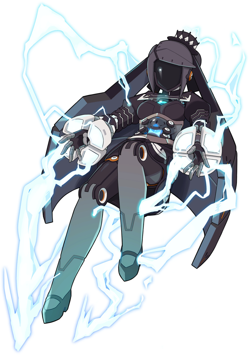 1girl aqua_footwear artist_request bangs black_dress black_gloves black_hair black_headwear breasts dress electricity faceless faceless_female fingerless_gloves full_body gloves glowing hat highres humanoid_robot juliet_sleeves leg_up long_hair long_sleeves mary_janes non-web_source official_art outstretched_arms puffy_sleeves rudy_(world_flipper) shiny shoes sidelocks small_breasts solo swept_bangs tilted_headwear top_hat transparent_background very_long_hair world_flipper