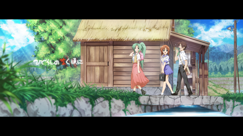 1boy 2girls :d bag black_footwear black_legwear black_pants blue_eyes blue_sailor_collar blue_skirt blurry blurry_foreground brown_hair closed_eyes collared_shirt copyright_name day dress_shirt from_side green_eyes green_hair grin gulim hand_in_pocket high_ponytail highres higurashi_no_naku_koro_ni holding holding_bag long_hair long_skirt maebara_keiichi medium_hair miniskirt multiple_girls neckerchief open_clothes open_mouth open_vest outdoors pants pink_skirt pleated_skirt ryuuguu_rena sailor_collar sailor_shirt scenery school_uniform serafuku shiny shiny_hair shirt short_hair skirt smile socks sonozaki_mion sunlight very_long_hair vest walking water_wheel white_legwear white_shirt wing_collar yawning yellow_neckwear yellow_vest