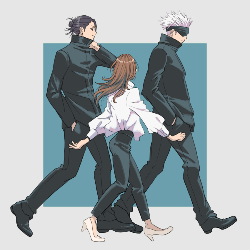 1girl 2boys arm_up black_blindfold black_footwear black_hair black_jacket black_pants blindfold blue_background brown_hair closed_mouth covered_eyes ear_piercing facing_away full_body getou_suguru gojou_satoru hair_bun hair_pulled_back hand_in_pocket hand_on_own_neck hands_in_pockets high_heels highres ieiri_shoko jacket jujutsu_kaisen k_ysd001 long_hair long_sleeves looking_away multiple_boys pants piercing profile shirt shoes smile standing two-tone_background walking white_background white_footwear white_hair white_shirt