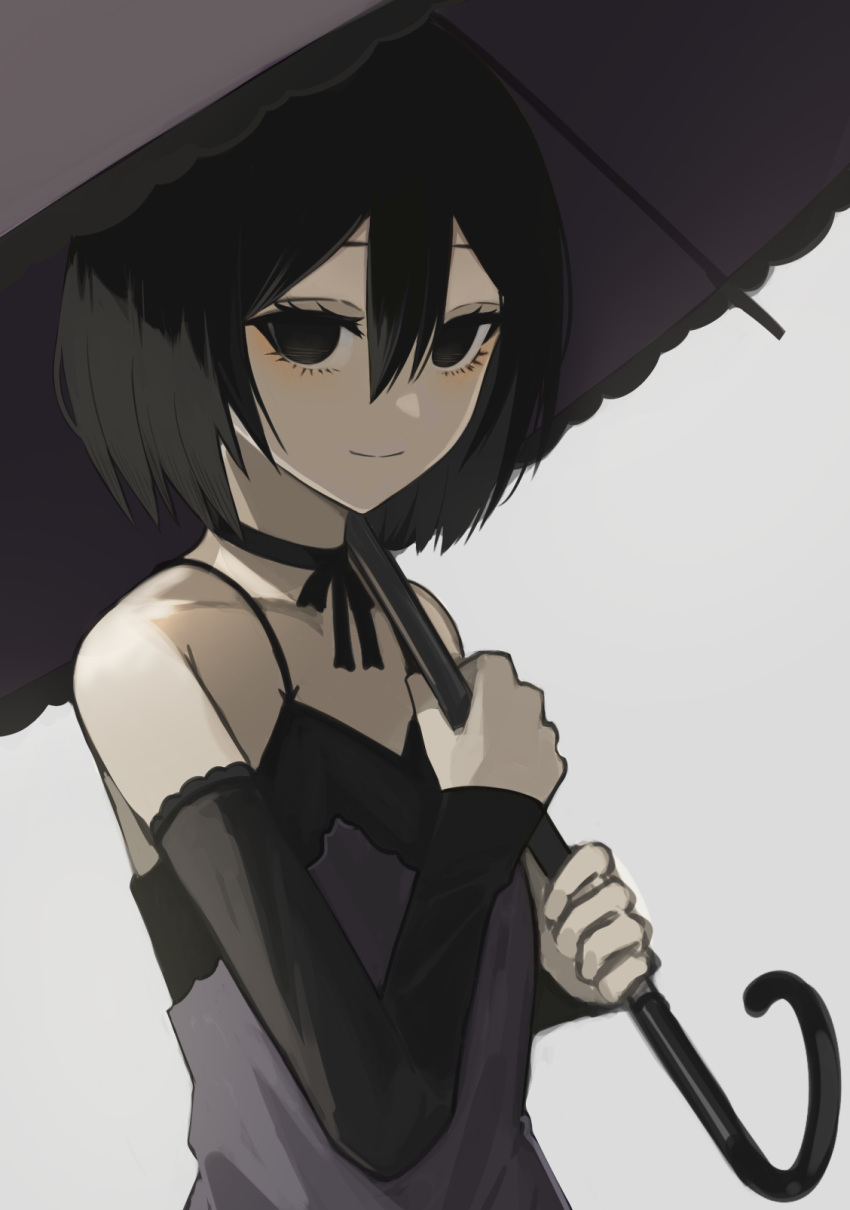 1girl arm_warmers bangs bare_shoulders black_choker black_dress black_eyes black_hair black_ribbon black_umbrella bob_cut choker closed_mouth disconnected_mouth dress empty_eyes flat_chest grey_dress grey_umbrella hair_between_eyes hands_up highres holding holding_umbrella light_smile looking_at_viewer monogatari_(series) no_gloves oshino_ougi owarimonogatari pale_skin ribbon ribbon_choker short_hair simple_background solo spaghetti_strap sundress umbrella upper_body white_background yamada_maya_(yamdmay)