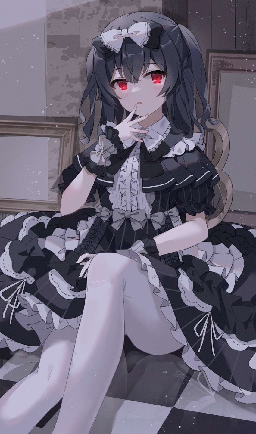 1girl bangs black_dress black_hair blush checkered checkered_floor commentary_request dress eyebrows_visible_through_hair feet_out_of_frame frilled_dress frills gothic_lolita hair_between_eyes hand_to_own_mouth hand_up highres idolmaster idolmaster_shiny_colors lolita_fashion long_hair looking_at_viewer morino_rinze pantyhose red_eyes serika short_sleeves sitting solo white_legwear wrist_cuffs