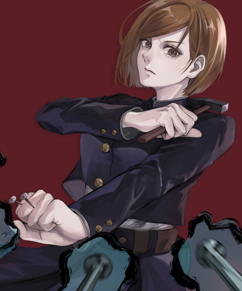 1girl absurdres api_6s bangs black_jacket brown_eyes brown_hair closed_mouth hammer highres holding holding_hammer jacket jujutsu_kaisen kugisaki_nobara long_sleeves looking_at_viewer nail red_background shiny shiny_hair short_hair solo swept_bangs uniform