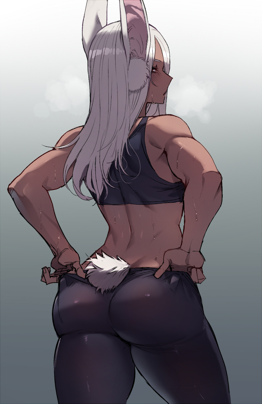 1girl adjusting_clothes animal_ears ass bare_shoulders blush boku_no_hero_academia bunny_tail dark-skinned_female dark_skin from_behind highres long_hair looking_at_viewer mirko mr._skull pants rabbit_ears rabbit_girl red_eyes solo sports_bra sweat tail thighs tight tight_pants toned white_hair yoga_pants