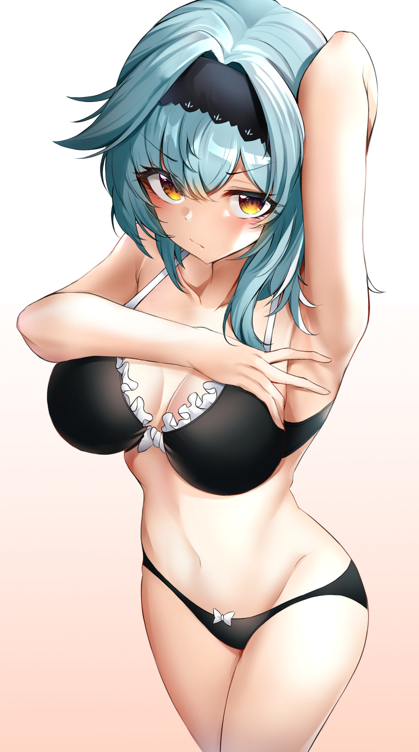 1girl absurdres arm_across_chest arm_up armpits bangs black_bra black_hairband black_panties blue_hair blush bra breasts closed_mouth collarbone cowboy_shot eula_lawrence eyebrows_visible_through_hair frilled_bra frills genshin_impact gr_greeze gradient gradient_background hairband highres large_breasts looking_at_viewer medium_hair navel panties simple_background solo standing thighs underwear yellow_eyes