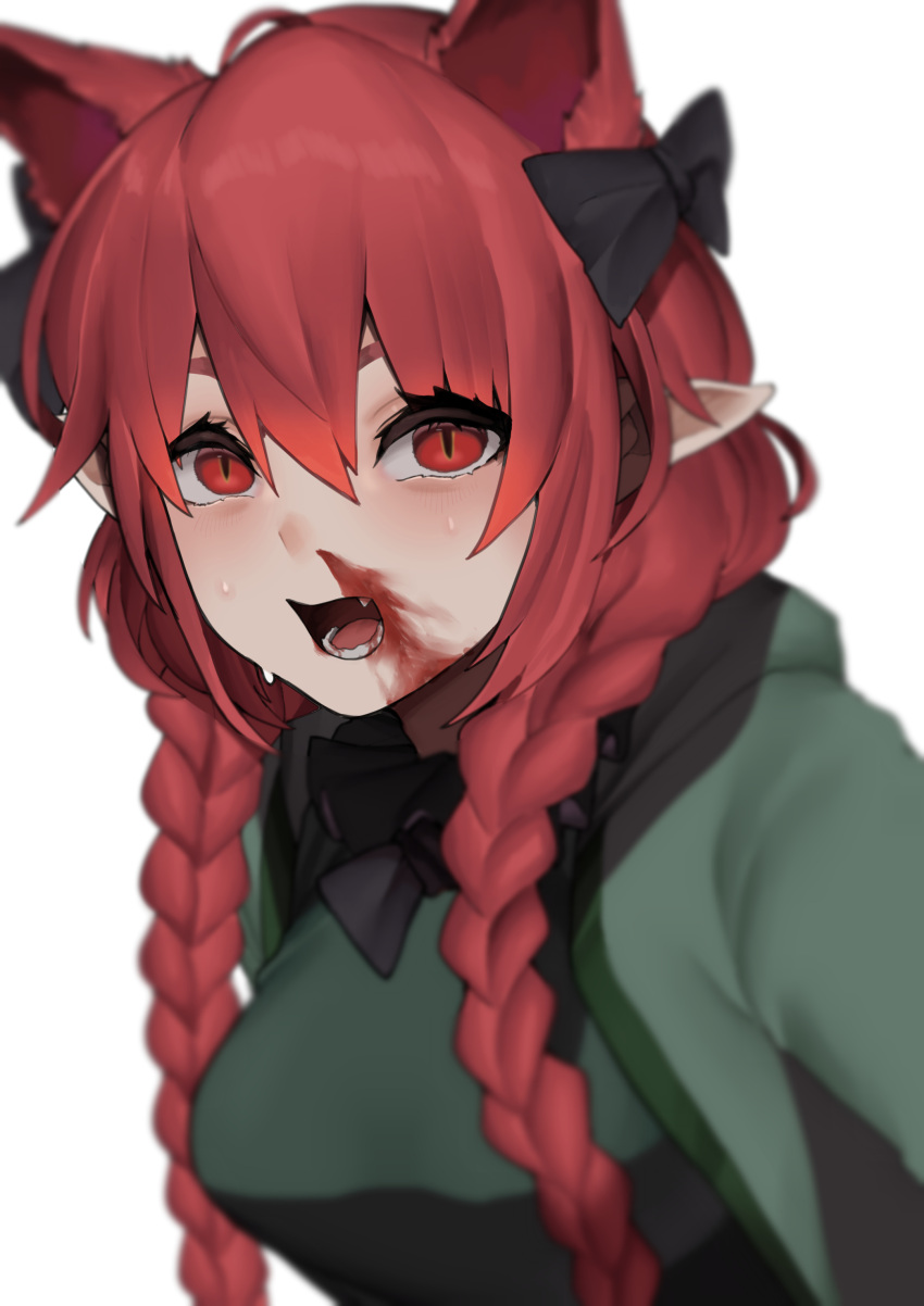 1girl :d absurdres animal_ears blood bloody_nose blurry bobby36446329 braid breasts cat_ears depth_of_field dress extra_ears eyebrows_behind_hair fang green_dress highres kaenbyou_rin long_hair medium_breasts open_mouth pointy_ears red_eyes redhead simple_background smile solo touhou twin_braids twintails upper_body white_background