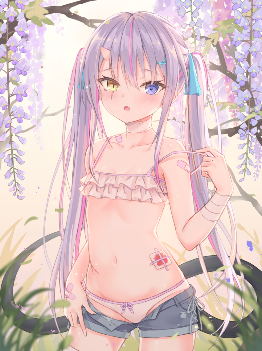 1girl bandaged_arm bandages bandaid bare_shoulders bikini blue_eyes bruise choker collarbone cowboy_shot flat_chest flower frills grey_shorts hair_ornament hair_ribbon hand_up heartsix heterochromia highres horns injury long_hair looking_at_viewer micro_shorts multicolored_hair navel open_fly original parted_lips purple_flower ribbon scar scar_across_eye shorts silver_hair single_horn solo spaghetti_strap standing stomach strap_pull streaked_hair swimsuit tail tree twintails very_long_hair white_bikini white_choker wisteria x_hair_ornament yellow_eyes