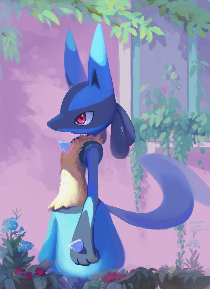closed_mouth commentary day from_side furry gen_4_pokemon highres imoamaoimmoamim leaf lucario outdoors pink_eyes pokemon spikes standing yellow_fur