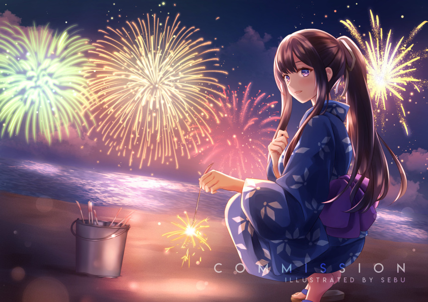 1girl artist_name barefoot beach blue_eyes blue_kimono brown_hair bucket clenched_hand clouds cloudy_sky commentary commentary_request commission english_text eye_reflection eyebrows eyebrows_visible_through_hair festival fireworks geta hair_over_shoulder highres holding holding_fireworks holding_sparkler japanese_clothes kimono long_hair long_sleeves looking_at_viewer night night_sky obi ocean open_mouth original partial_commentary ponytail reflection ribbon sash scenery sebu_illust senkou_hanabi sidelocks sky smile solo sparkler squatting very_long_hair white_ribbon wide_sleeves yukata