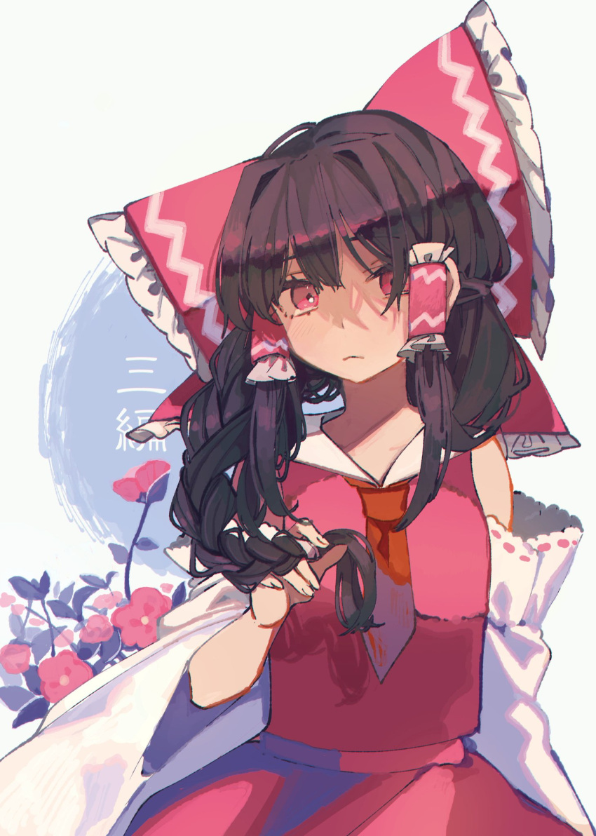 1girl bangs bare_shoulders bow brown_hair closed_mouth dress eyebrows_visible_through_hair flower hair_between_eyes hair_tubes hakurei_reimu hand_up highres long_sleeves looking_at_viewer medium_hair orange_neckwear pink_flower purple_flower red_bow red_dress red_eyes shi_chimi simple_background solo touhou white_background white_sleeves