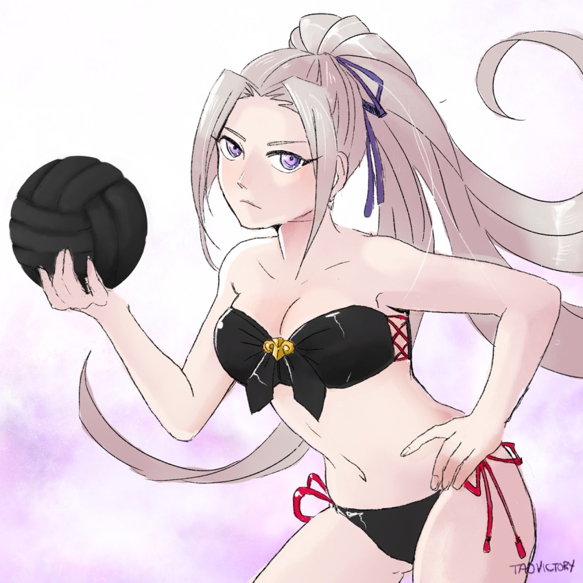 1girl alternate_hairstyle angry artist_name ass_visible_through_thighs ball bikini black_bikini cowboy_shot cute edelgard_von_hresvelg fire_emblem fire_emblem:_three_houses fire_emblem:_three_houses fire_emblem_16 fire_emblem_heroes hair_ribbon holding holding_ball intelligent_systems long_hair looking_at_viewer navel nintendo ponytail purple_background ribbon solo summer super_smash_bros. swimsuit taovictory violet_eyes volleyball white_hair
