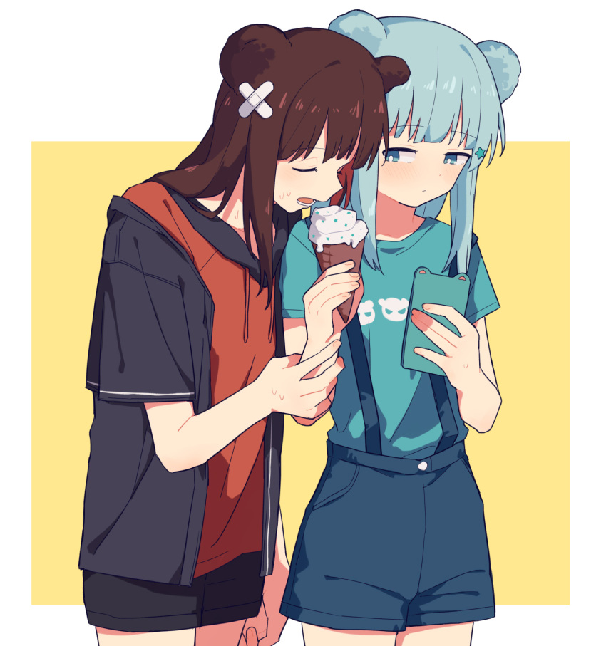 2girls animal_ears arknights arm_grab bandaid bandaid_on_head bear_ears black_hair black_shorts black_sweater blue_eyes blue_hair blue_shirt blue_shorts cellphone closed_eyes coldcat. cowboy_shot food hair_ornament highres holding holding_food holding_phone ice_cream ice_cream_cone istina_(arknights) long_hair multiple_girls nervous open_mouth phone red_shirt shared_food shirt shorts star_(symbol) star_hair_ornament suspender_shorts suspenders sweatdrop sweater yuri zima_(arknights)