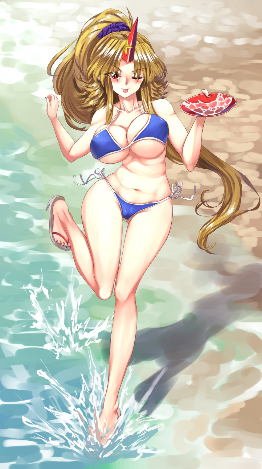 1girl absurdres alternate_hairstyle bangs beach bikini blonde_hair blue_bikini breasts closed_mouth cup eyebrows_visible_through_hair full_body highres holding holding_cup horns hoshiguma_yuugi large_breasts long_hair looking_at_viewer navel one_eye_closed oni_horns outdoors ponytail purple_scrunchie red_eyes red_horns sakazuki sandals scrunchie single_horn smile solo standing standing_on_one_leg sunyup swimsuit tongue tongue_out touhou