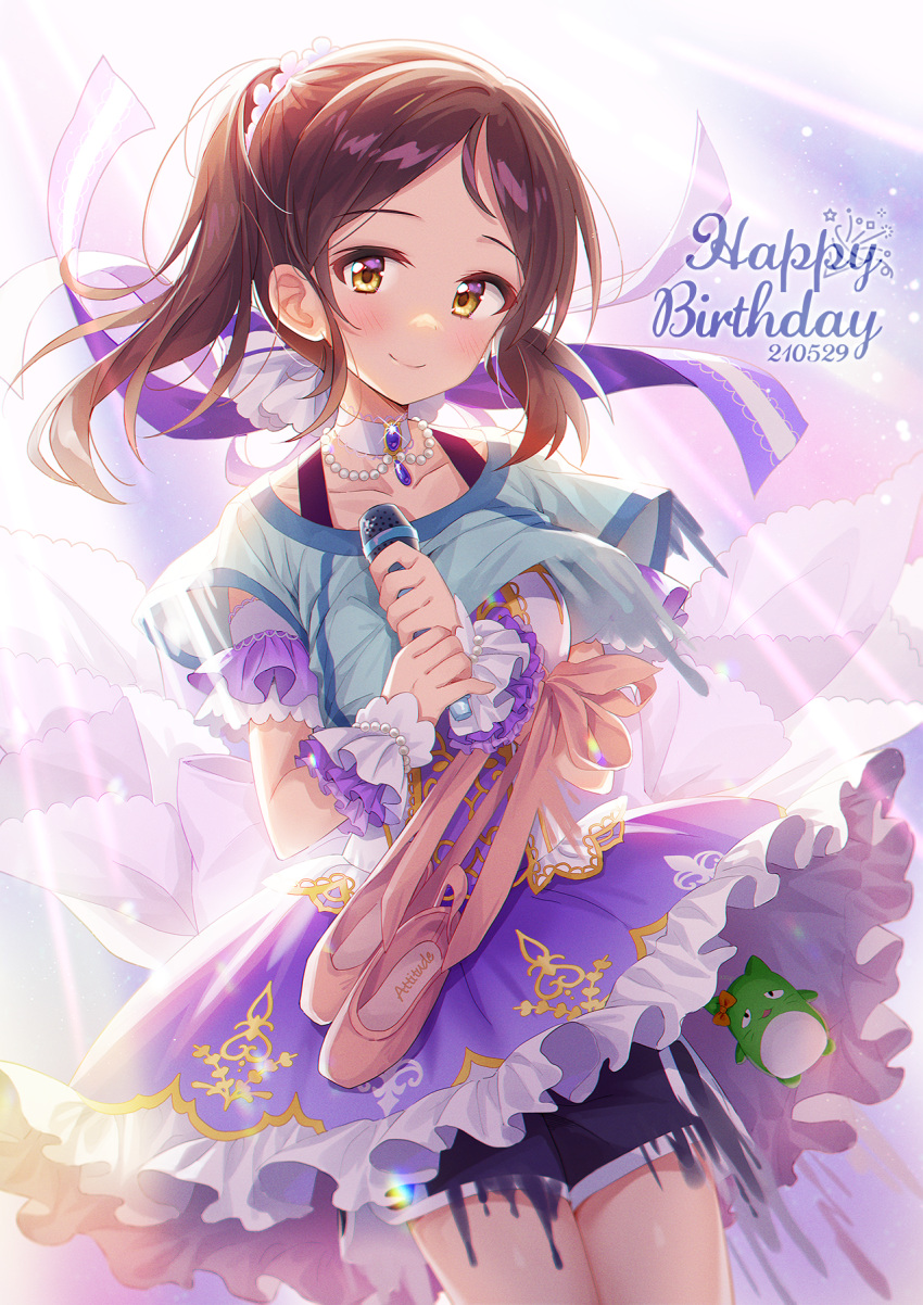 1girl ayase_honoka bangs black_shorts blue_shirt blush breasts brown_eyes brown_hair chobi_(penguin_paradise) closed_mouth commentary_request dated dress eyebrows_visible_through_hair frilled_dress frills gym_shorts happy_birthday highres holding holding_microphone idolmaster idolmaster_cinderella_girls looking_at_viewer medium_breasts microphone parted_bangs pina_korata pink_footwear ponytail purple_dress shirt shoes shoes_removed short_shorts short_sleeves shorts smile solo