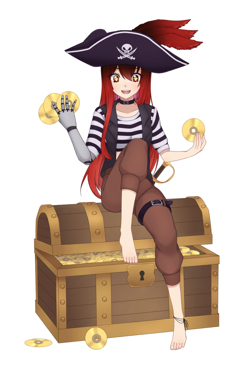 absurdres anklet bare_legs barefoot choker epic_fail_project epica-chan erica_naito gold hat highres jewelry long_hair mechanical_arms mechanical_parts original pirate pirate_costume pirate_hat redhead toes treasure treasure_chest weapon