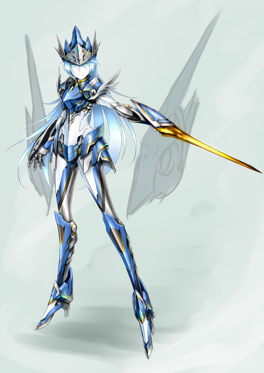 1girl android arm_at_side arm_blade armor colored_skin commentary_request fantasy full_body helmet highres joints light_blue_eyes light_blue_hair long_hair looking_at_viewer me_ganchyo mixed-language_commentary original robot_joints serious simple_background solo standing unfinished valkyrie weapon white_skin winged_helmet