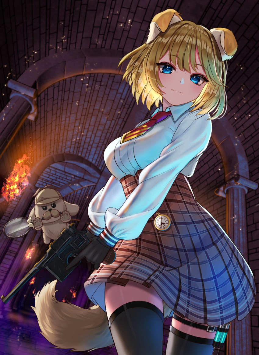 1girl animal_ears blonde_hair blue_eyes breasts bubba_(watson_amelia) closed_mouth dog eyebrows_visible_through_hair gun handgun highres holding holding_weapon hololive hololive_english inari_(ambercrown) magnifying_glass mauser_c96 necktie pistol pocket_watch tail virtual_youtuber watch watson_amelia weapon weapon_request