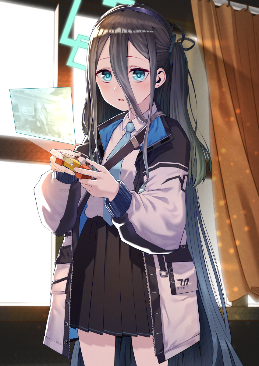 1girl absurdres arisu_(blue_archive) blue_archive blue_eyes blush curtains dark_blue_hair hair_between_eyes halo headband highres jacket long_hair looking_at_viewer necktie open_mouth playing_games school_uniform solo very_long_hair whitebear_96 window