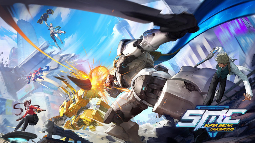 1boy 2girls aircraft arthur_(smc) battle black_hair cannon clash destroyed dual_wielding firefox_(smc) formal glider green_hair grey_hair gun highres holding hotsteel_(smc) joanna_(smc) logo mecha multiple_girls ning_(smc) official_art pointy_hair ponytail rifle rom_(smc) scarf skateboard suit super_mecha_champion sword track_suit twintails uniform weapon