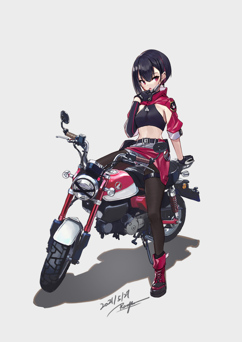 1girl arm_support belt black_gloves black_hair black_legwear breasts button_gap colored_inner_hair crop_top dated detached_sleeves earrings full_body gloves grey_shorts ground_vehicle highres honda_monkey jewelry looking_at_viewer mask mask_pull motor_vehicle motorcycle mouth_mask multicolored_hair open_mouth original pantyhose pink_eyes pink_hair ranyu short_shorts short_sleeves shorts shrug_(clothing) signature simple_background single_detached_sleeve sitting small_breasts solo thigh_strap two-tone_hair white_background