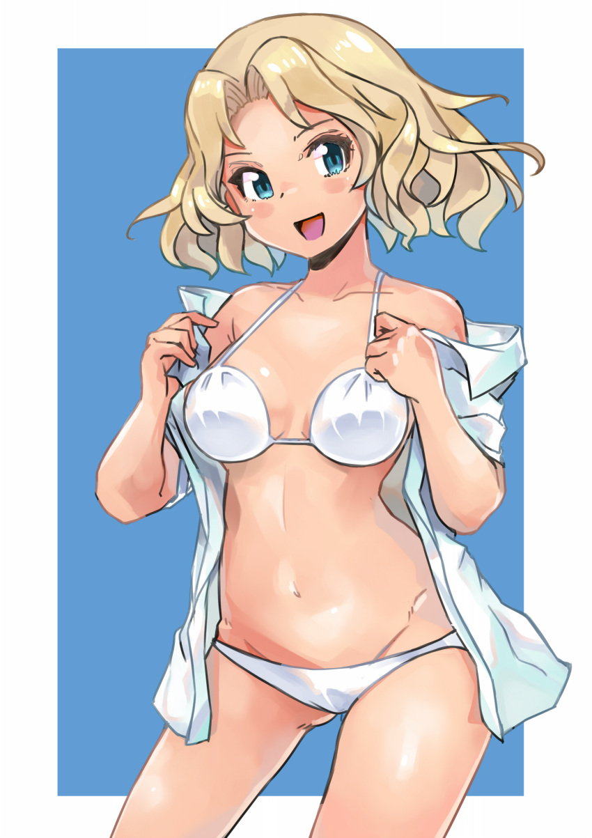 1girl :d alternate_hair_length alternate_hairstyle bikini bikini_under_clothes blonde_hair blue_background blue_eyes border breasts clothes_pull commentary cowboy_shot dress_shirt girls_und_panzer groin hair_intakes highres kay_(girls_und_panzer) looking_at_viewer medium_breasts monomono navel off_shoulder open_mouth outside_border pulled_by_self shirt shirt_pull short_hair short_sleeves smile solo standing swimsuit white_bikini white_border