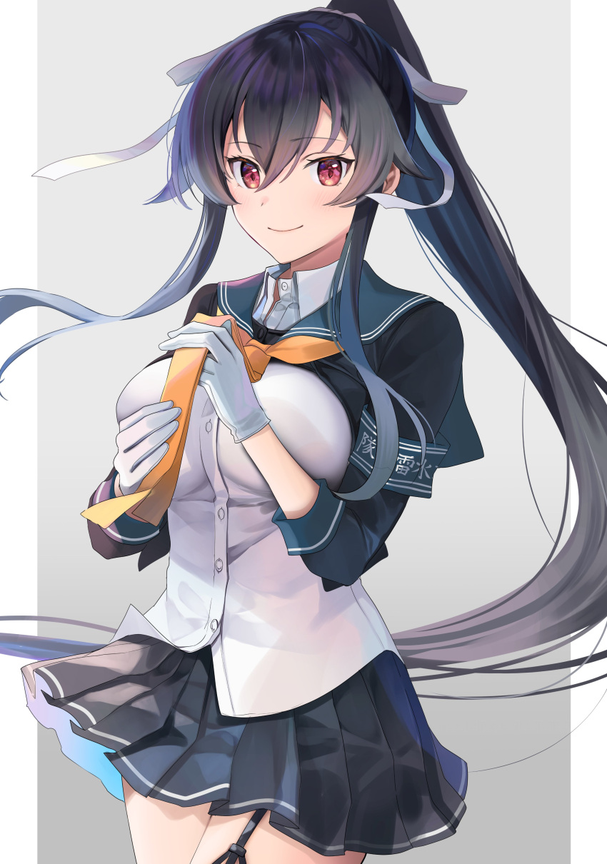 1girl absurdres adjusting_neckwear black_hair black_jacket black_skirt border breasts gloves grey_background hair_between_eyes hair_ribbon highres jacket kantai_collection large_breasts long_hair looking_at_viewer open_clothes open_jacket outside_border pleated_skirt ponytail red_eyes remodel_(kantai_collection) ribbon shirt sidelocks simple_background single_garter_strap single_thighhigh skirt smile solo standing striped striped_shirt thigh-highs tree very_long_hair water white_border white_gloves white_shirt wind yahagi_(kancolle) yellow_neckwear yunamaro