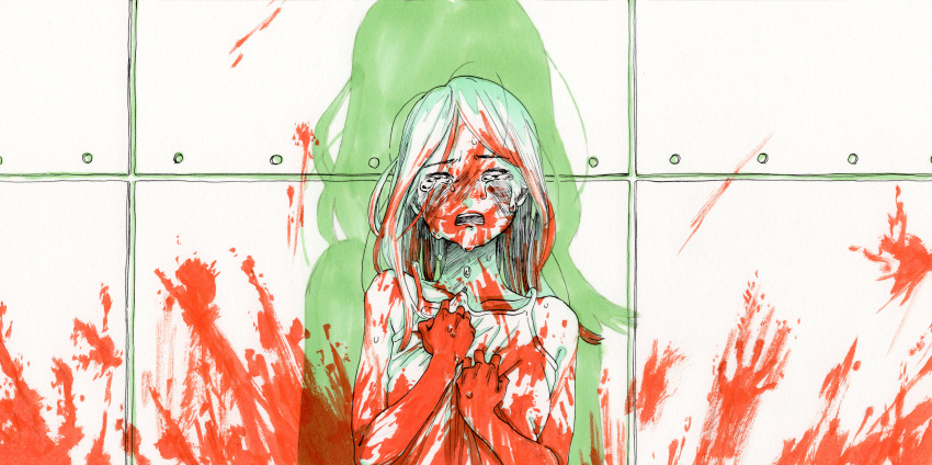 1girl absurdres bare_arms blood blood_on_arm blood_on_face blood_on_wall blood_splatter bloody_clothes bloody_hair bloody_handprints bloody_hands camisole closed_eyes clutching_chest collarbone commentary_request crying hands_up highres huge_filesize long_hair open_mouth original shadow shiki_haru solo teeth upper_body white_camisole