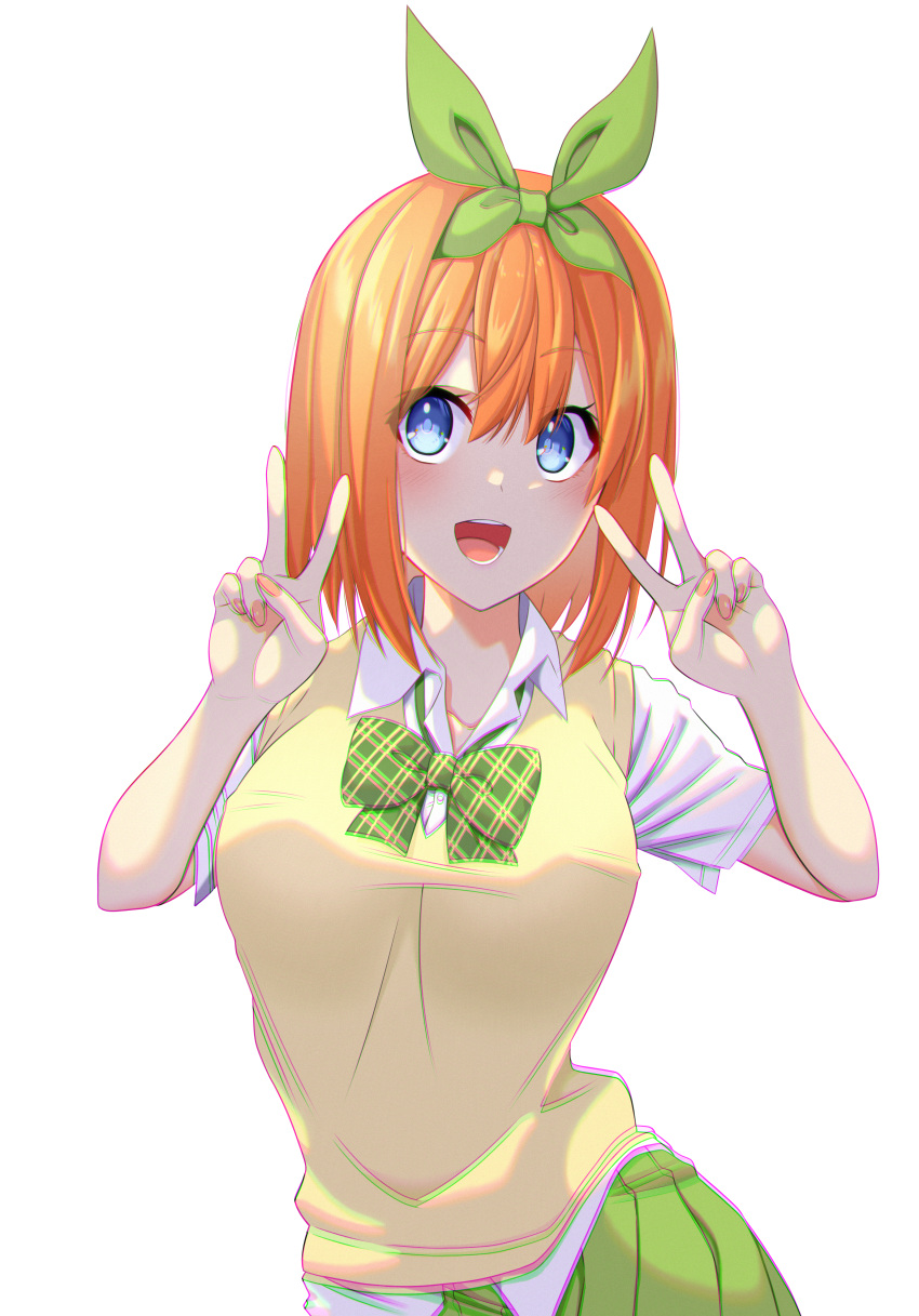 1girl :d absurdres bangs blue_eyes blush bow bowtie breasts collarbone collared_shirt commentary_request contrapposto cowboy_shot double_v eyebrows_visible_through_hair go-toubun_no_hanayome green_neckwear green_ribbon green_skirt hair_between_eyes hair_ribbon hands_up highres huge_filesize kyaro_(carrot) large_breasts looking_at_viewer medium_hair nakano_yotsuba open_mouth orange_hair pleated_skirt ribbon school_uniform shirt short_sleeves sidelocks simple_background skirt smile solo standing sweater sweater_vest teeth v white_background white_shirt yellow_sweater