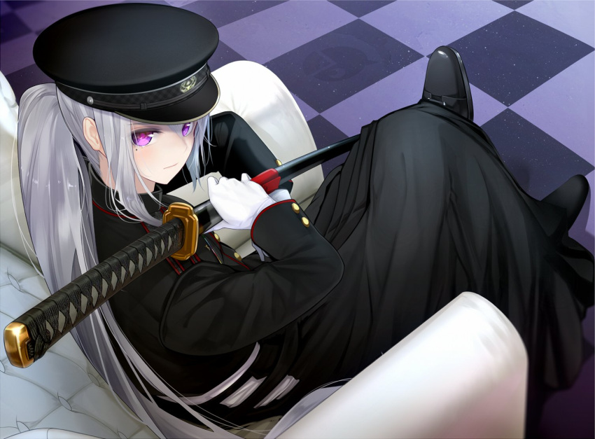 1girl black_coat coat couch crossed_legs fed_(giba) floor gloves hat higuchi_kaede holding holding_sword holding_weapon katana long_hair looking_at_viewer looking_back military military_hat military_uniform nijisanji ponytail silver_hair sitting solo sword uniform violet_eyes virtual_youtuber weapon white_gloves