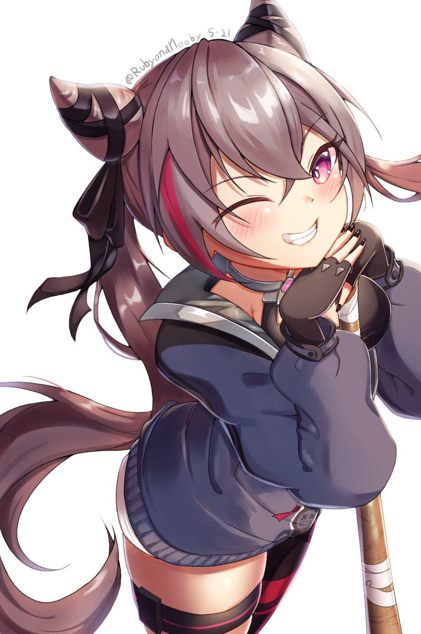 1girl azur_lane bangs baseball_bat black_gloves black_legwear black_nails black_ribbon blue_jacket blush breasts commentary cowboy_shot crossed_bangs dated double_bun eyebrows_visible_through_hair fang fingerless_gloves floating_hair gloves grey_hair grin hair_between_eyes hair_horns hair_ribbon highres jacket long_hair long_sleeves looking_at_viewer medium_breasts multicolored_hair nail_polish redhead ribbon rooby_n san_francisco_(azur_lane) sidelocks simple_background single_leg_pantyhose skindentation smile solo standing streaked_hair taut_clothes teeth thigh_strap twintails twitter_username very_long_hair violet_eyes white_background