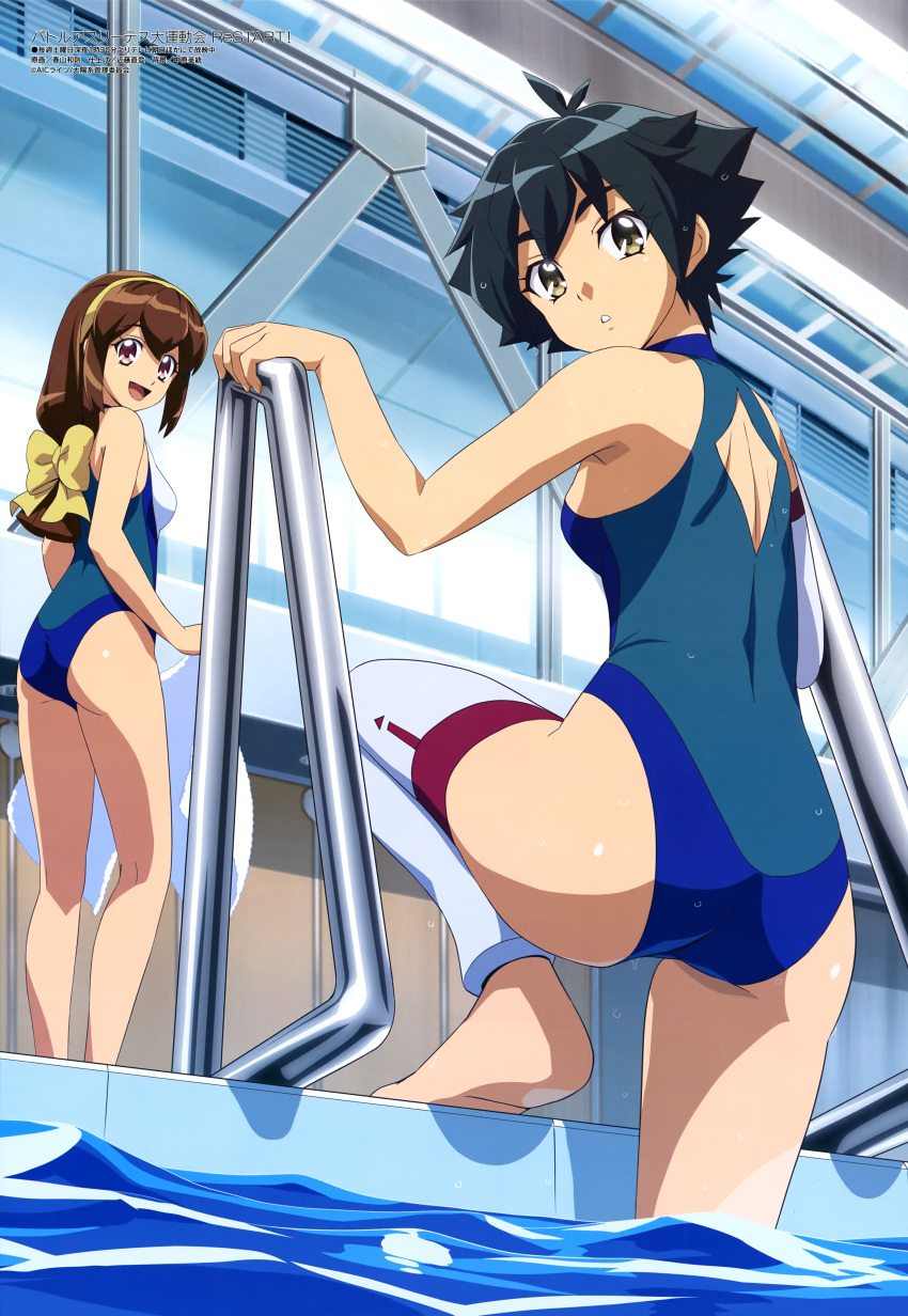 2girls :d :o absurdres ass battle_athletes black_hair bow brown_eyes brown_hair from_behind haruyama_kazunori highres indoors looking_at_viewer looking_back megami_magazine multiple_girls official_art one-piece_swimsuit open_mouth pink_eyes scan smile swimsuit thigh-highs towel wet