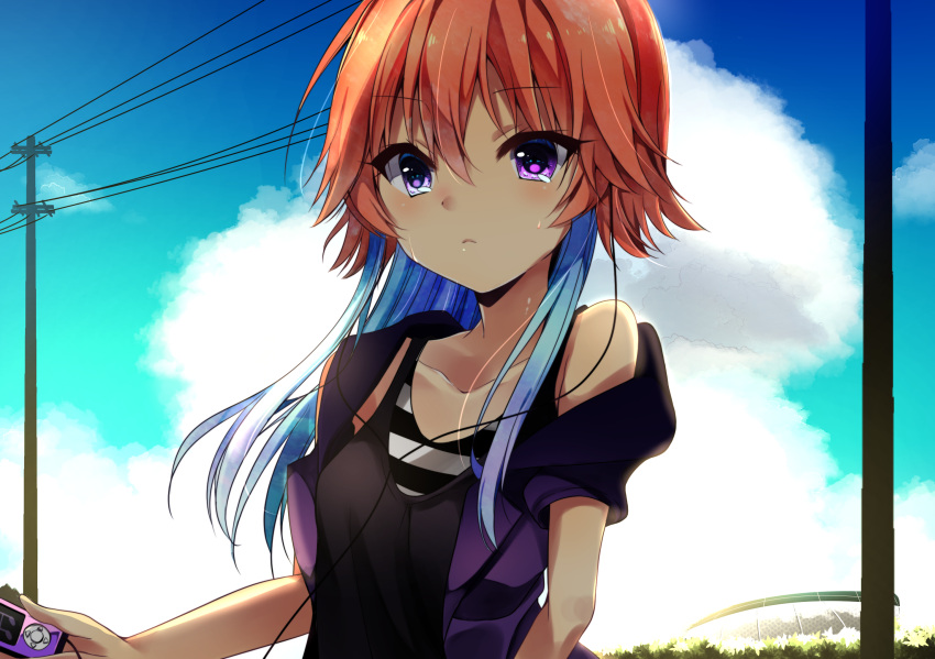 1girl bangs black_shirt blue_hair blue_sky closed_mouth clouds collarbone day earphones eyebrows_visible_through_hair frown hayami_rokushichi highres holding idolmaster idolmaster_cinderella_girls jacket long_hair multicolored_hair ninomiya_asuka open_clothes open_jacket orange_hair outdoors purple_jacket shiny shiny_hair shirt short_sleeves sky solo sweatdrop two-tone_hair upper_body violet_eyes