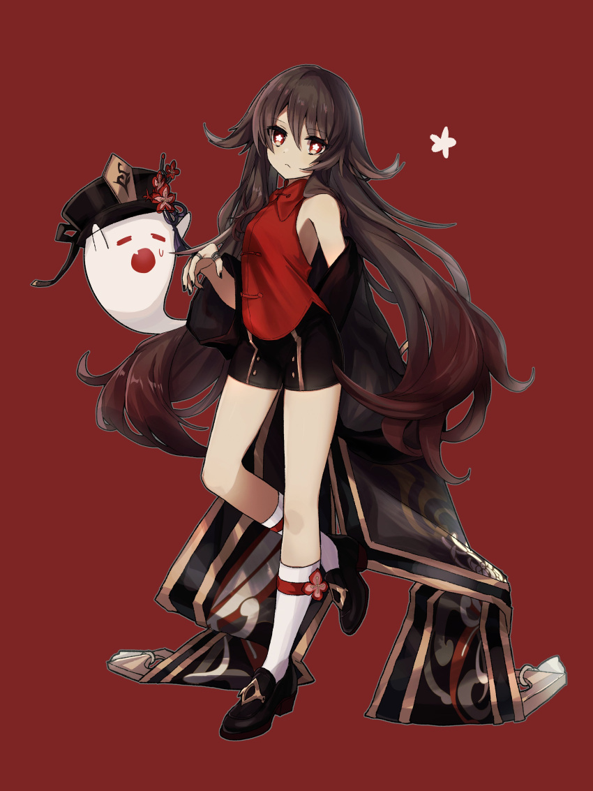 1225ka 1girl absurdres bare_shoulders black_coat black_headwear black_shorts brown_hair chinese_clothes closed_eyes coat fang flower full_body genshin_impact half-closed_eyes highres hu_tao_(genshin_impact) long_hair looking_at_viewer off_shoulder open_mouth plum_blossoms red_background red_eyes red_shirt shirt short_shorts shorts simple_background sleeveless sleeveless_shirt solo sweatdrop symbol-shaped_pupils twintails very_long_hair