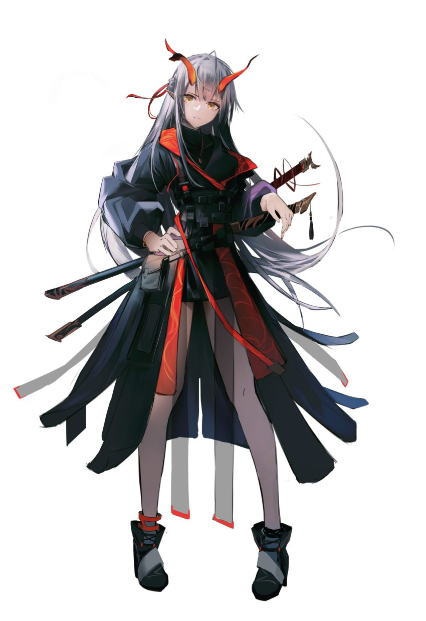 1girl bangs black_coat bracelet closed_mouth coat eyebrows_visible_through_hair full_body green_eyes grey_hair highres horns jewelry long_hair long_sleeves looking_at_viewer mackia messy_hair original shoes sidelocks solo sword thighs weapon white_background