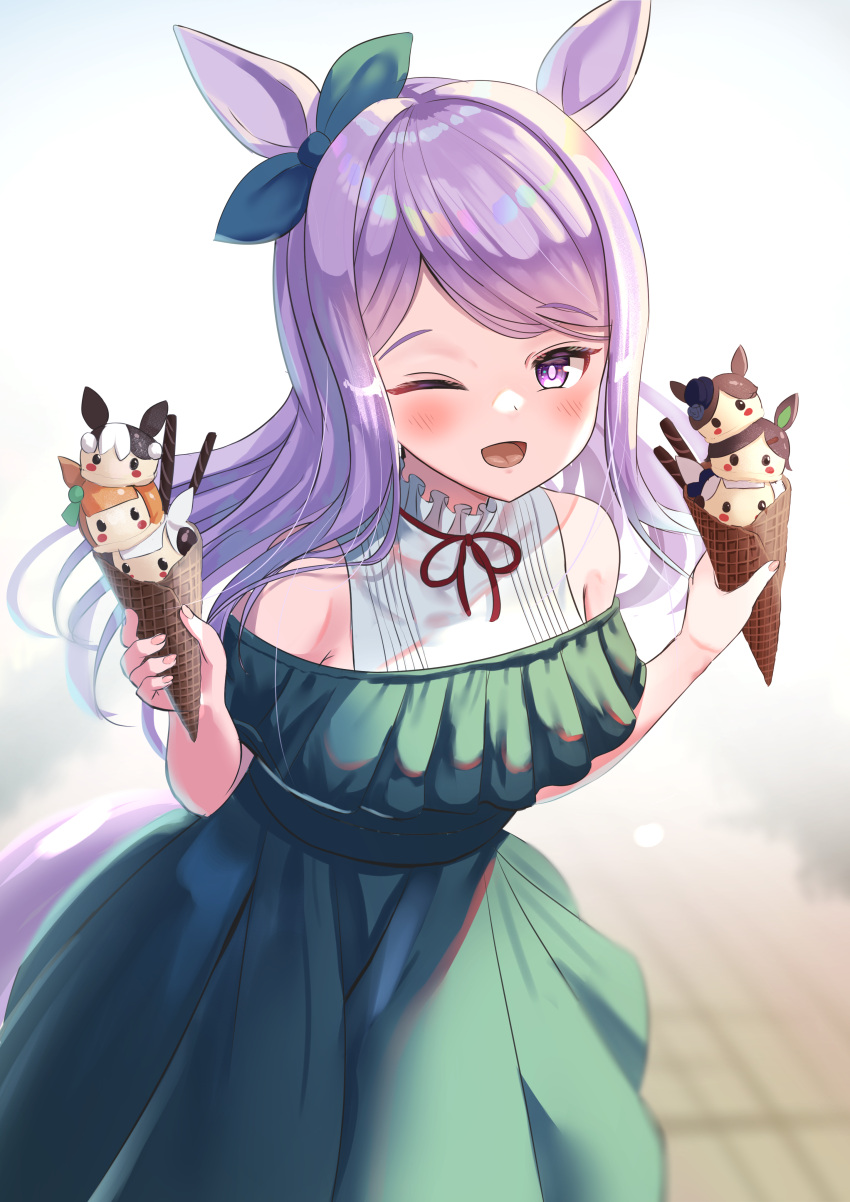 1girl ;d absurdres animal_ears bangs black_hair blush character_request dress eyebrows_visible_through_hair food green_dress green_ribbon hair_ribbon highres holding holding_food horse_ears horse_girl horse_tail ice_cream ice_cream_cone long_hair looking_at_viewer mejiro_mcqueen_(umamusume) neck_ribbon off-shoulder_dress off_shoulder one_eye_closed open_mouth purple_hair red_neckwear red_ribbon ribbon rice_shower_(umamusume) silence_suzuka_(umamusume) simple_background smile swept_bangs tail umamusume violet_eyes wanderlucia white_background