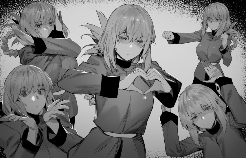 1girl bangs braid clenched_hands closed_mouth eyebrows_visible_through_hair fate/grand_order fate_(series) florence_nightingale_(fate) greyscale hands_up heart heart_hands highres hxd long_hair long_sleeves looking_at_viewer monochrome multiple_views